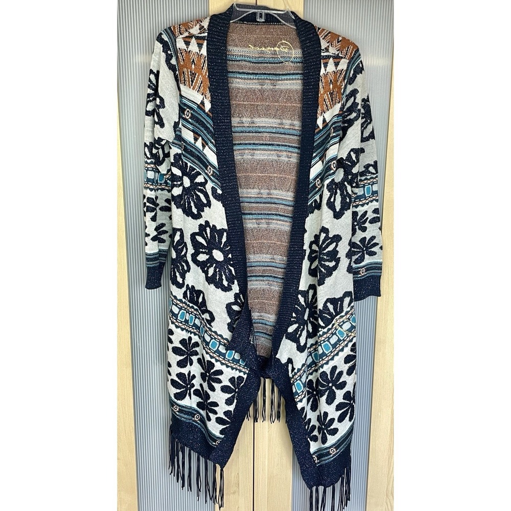 Desigual Fringe Knit‎ Cardigan Sweater Floral Open Front Sz L Western Boho Top